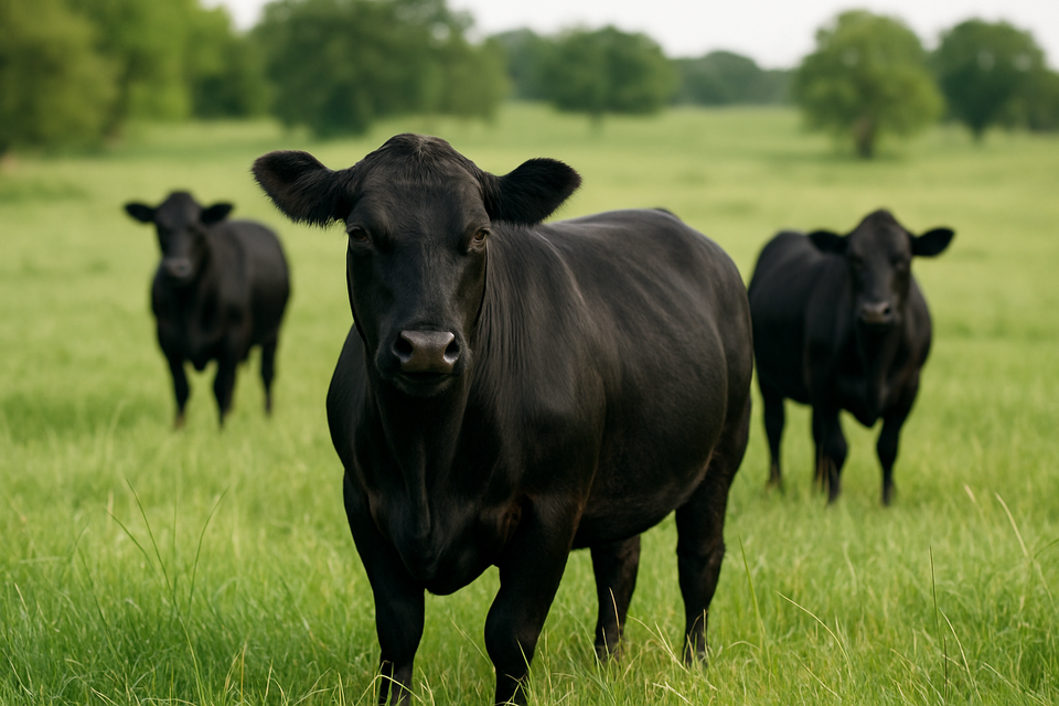 Black cow standing in a grassy field with two other cows in the background.