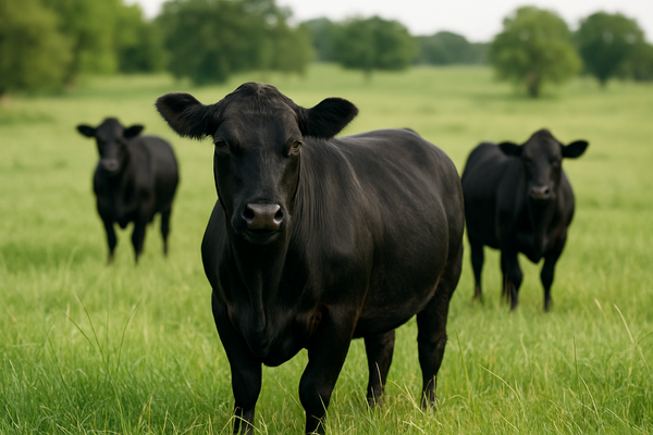 Black cow standing in a grassy field with two other cows in the background.
